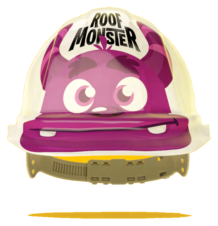 Friendly Roof Monster mascot peeking from a hard hat