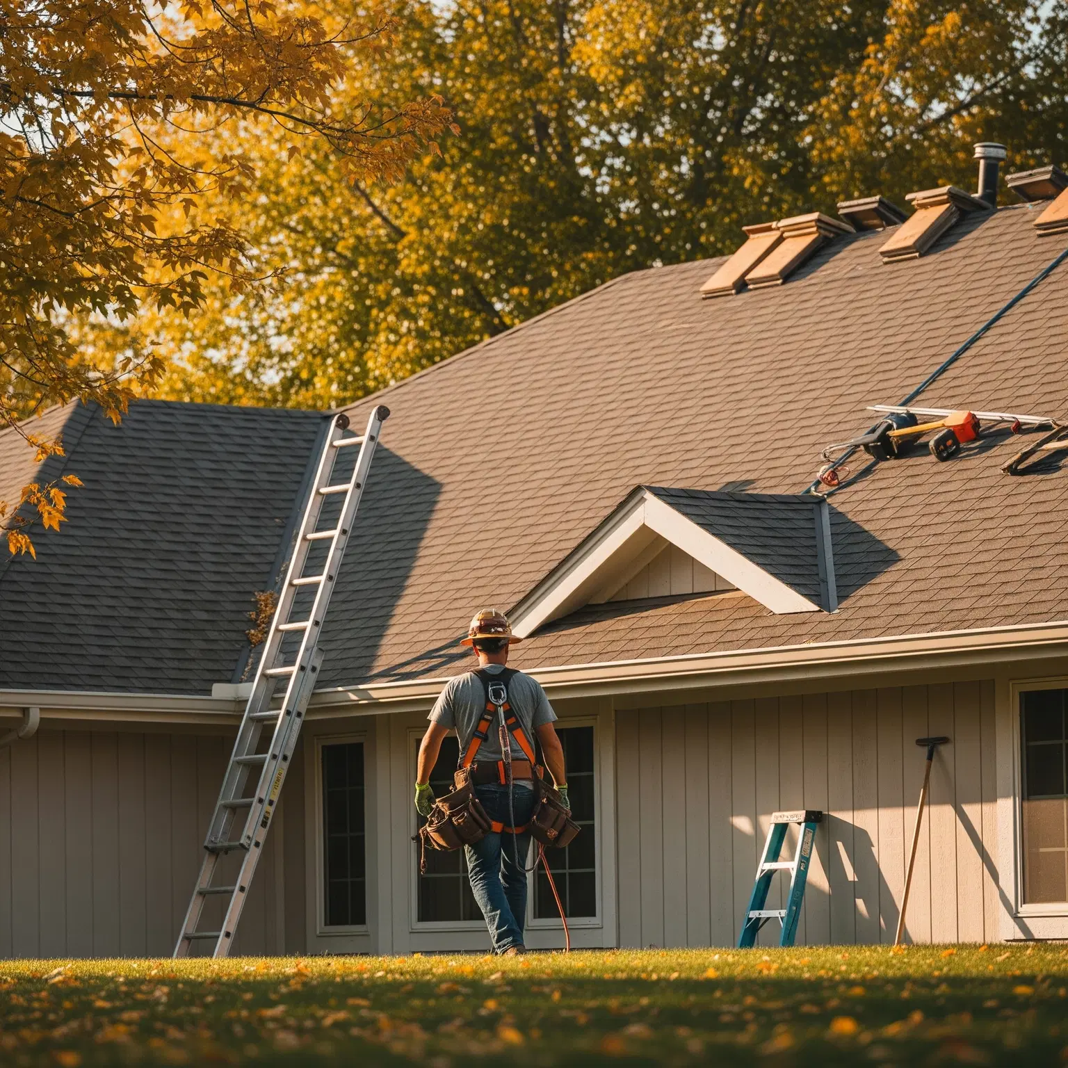 Roofing professional assessing a residential shingle roof