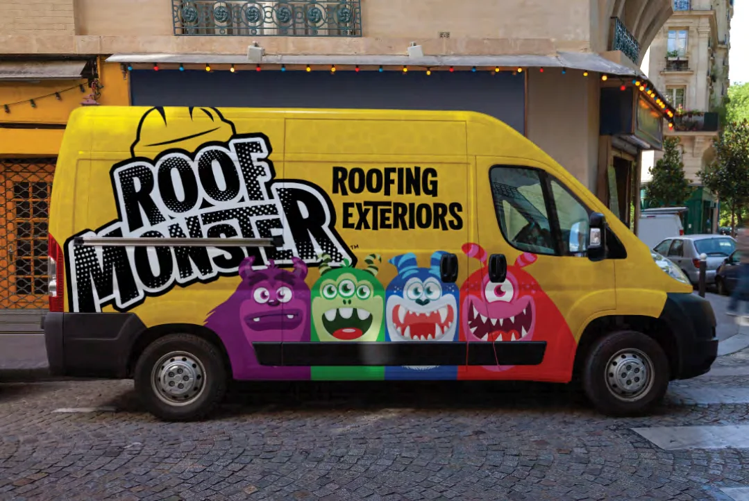 Yellow Roof Monster roofing and exteriors service van